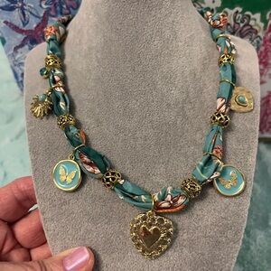 Gold Heart & Teal Turquoise Floral Scarf Boho Charm Necklace